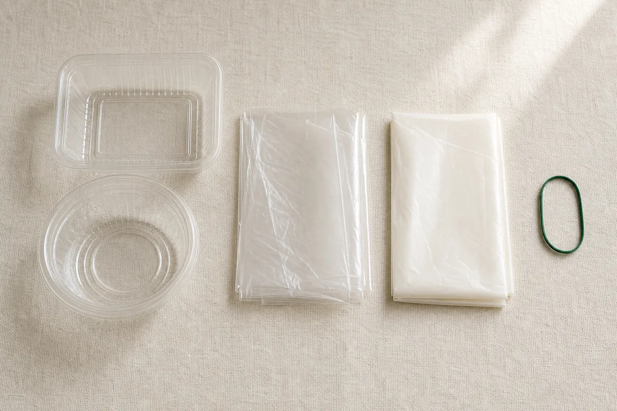 分別した容器と小さくたたんだ包装