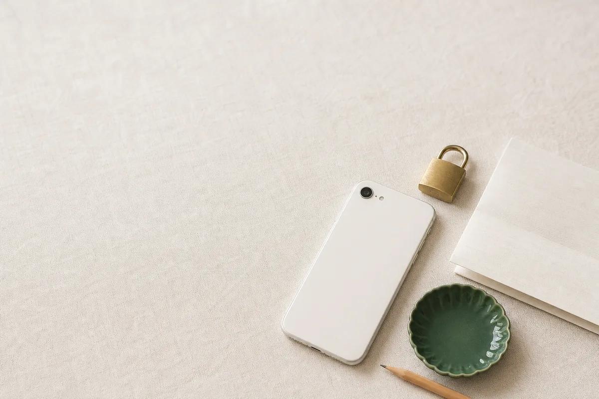 伏せたスマートフォンと南京錠、銀行の明細