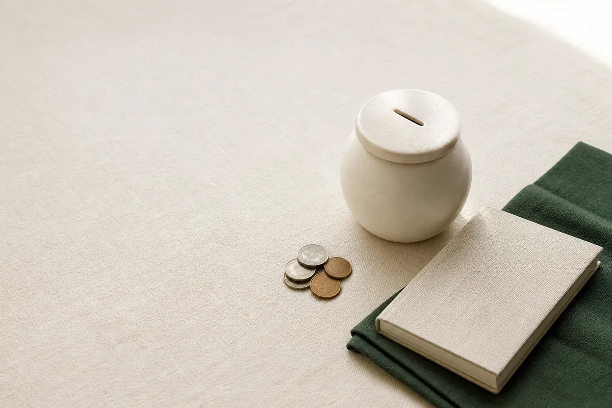 陶器の貯金瓶と積んだ小銭、閉じたノート