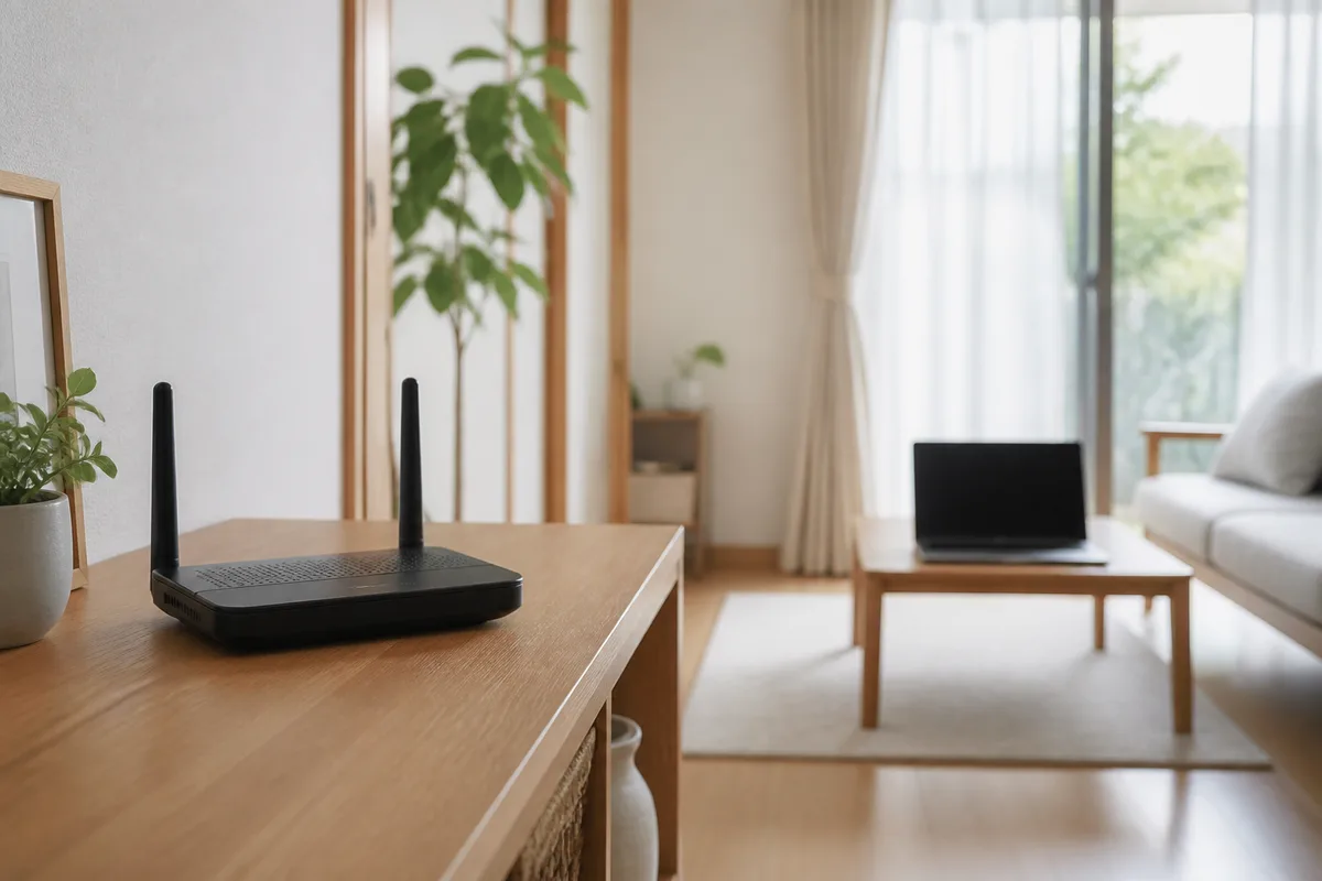 棚に置いた家庭用の無線ルーターと、離れた机の上のノートパソコン